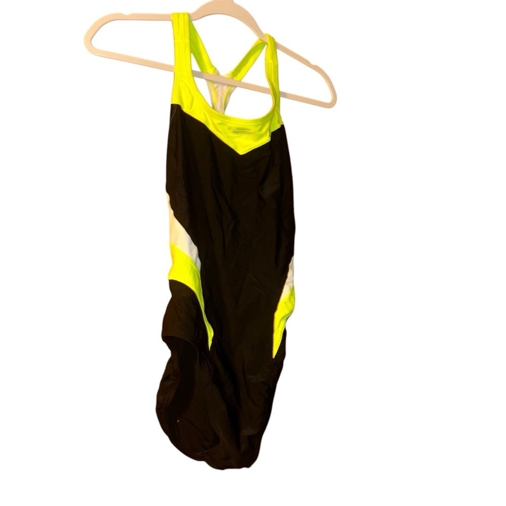 Nike Victory Color Block Power Back Tank Swimsuit Size 12 black neon yellow
